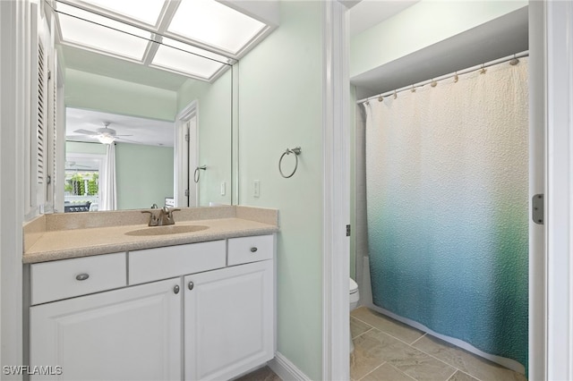 bathroom featuring vanity, toilet, ceiling fan, and tile patterned floors