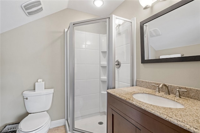 bathroom with vaulted ceiling, walk in shower, vanity, and toilet