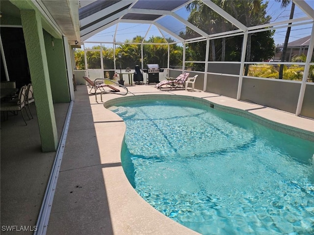 view of swimming pool with a lanai and a patio