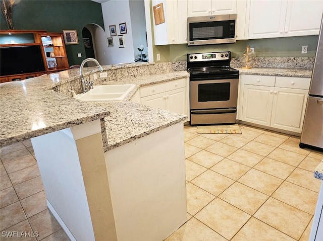 kitchen featuring white cabinetry, stainless steel appliances, sink, kitchen peninsula, and light tile patterned floors