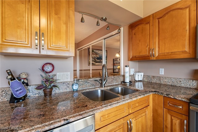 kitchen with stainless steel dishwasher, dark stone countertops, and sink