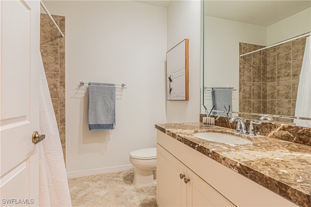 bathroom featuring tile patterned flooring, vanity, toilet, and a shower with curtain