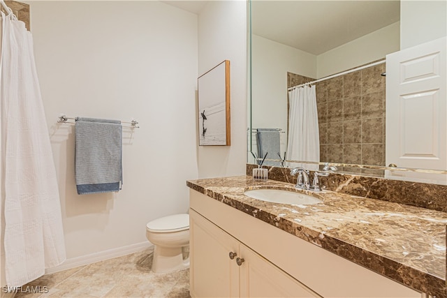 bathroom with walk in shower, vanity, toilet, and tile patterned floors