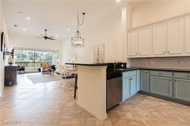 kitchen featuring backsplash, kitchen peninsula, sink, and stainless steel dishwasher