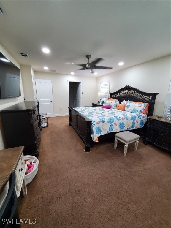 carpeted bedroom featuring ceiling fan