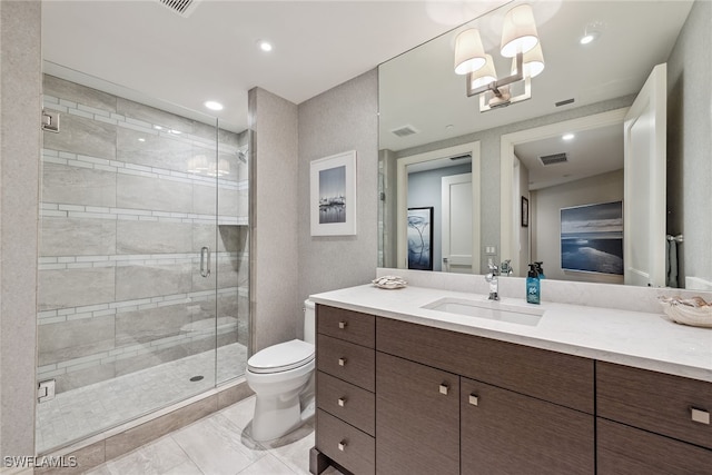 bathroom featuring walk in shower, vanity, toilet, and a notable chandelier