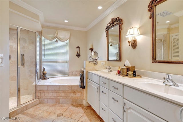 bathroom featuring vanity, crown molding, separate shower and tub, and tile patterned floors