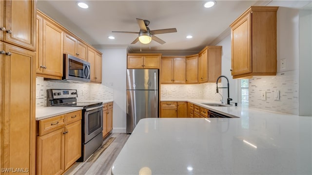 kitchen featuring ceiling fan, sink, light hardwood / wood-style flooring, stainless steel appliances, and decorative backsplash