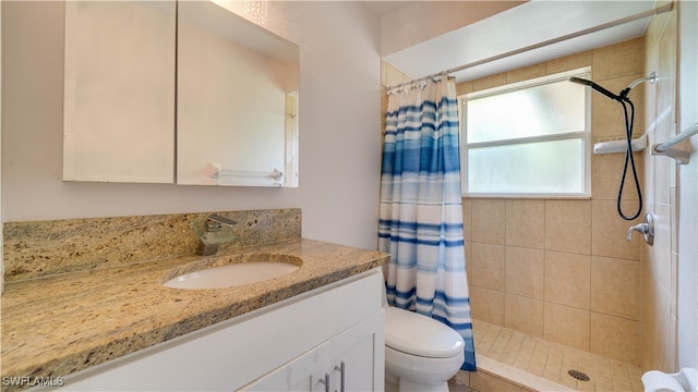 bathroom featuring toilet, vanity, and curtained shower