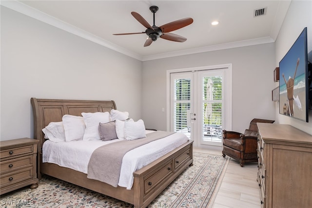 bedroom featuring light wood-type flooring, ceiling fan, access to exterior, and crown molding