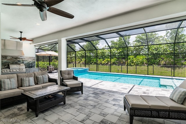 view of pool featuring glass enclosure, area for grilling, ceiling fan, and a patio