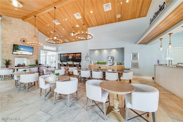 dining space with beamed ceiling, an inviting chandelier, high vaulted ceiling, and wooden ceiling