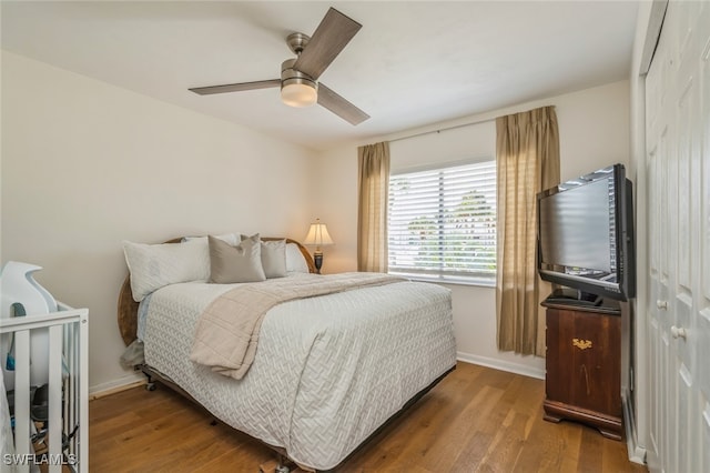 bedroom with a closet, ceiling fan, and dark hardwood / wood-style flooring