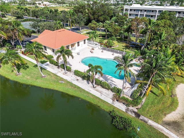 aerial view featuring a water view