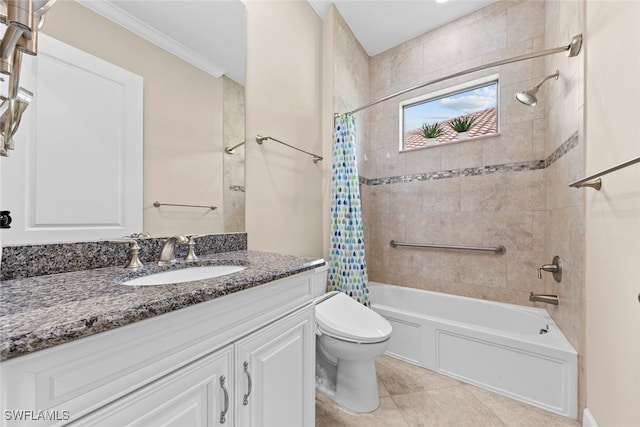 full bathroom with toilet, shower / bath combo with shower curtain, vanity, crown molding, and tile patterned flooring