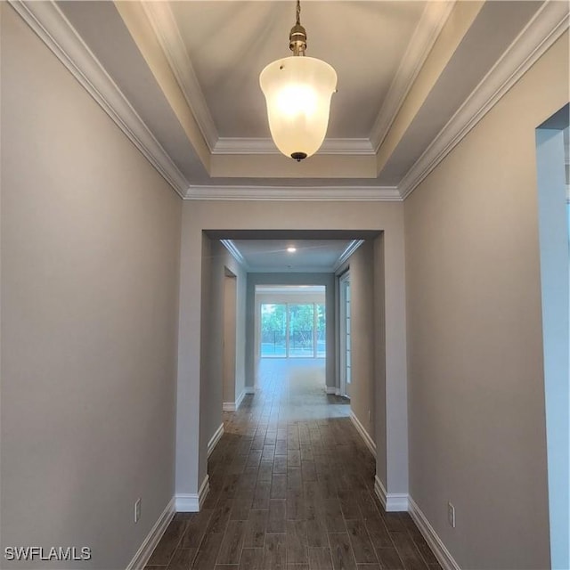 corridor featuring dark hardwood / wood-style flooring and crown molding