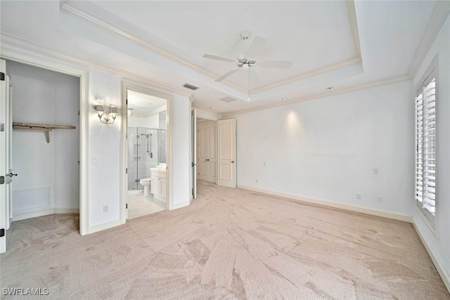 unfurnished bedroom with light carpet, a raised ceiling, and multiple windows