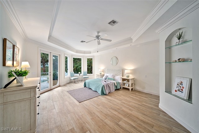 bedroom featuring access to outside, french doors, ceiling fan, ornamental molding, and light hardwood / wood-style flooring