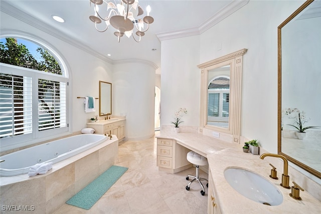 bathroom featuring vanity, a relaxing tiled tub, ornamental molding, and a chandelier