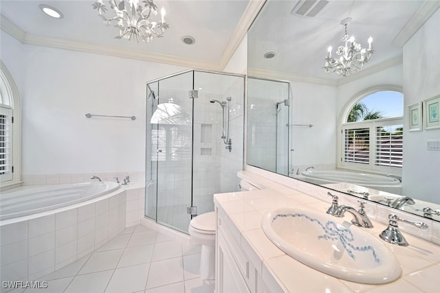 full bathroom with plus walk in shower, toilet, tile patterned flooring, crown molding, and vanity