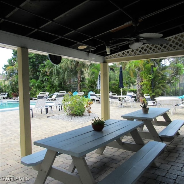 view of patio with ceiling fan, outdoor dining space, and a community pool