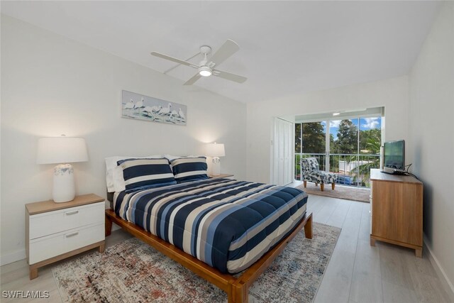 bedroom featuring access to exterior, light wood-type flooring, and ceiling fan