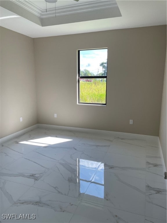 unfurnished room featuring ornamental molding and a raised ceiling