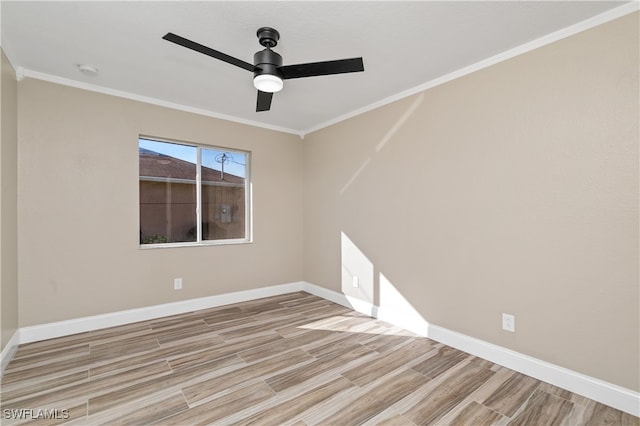 empty room with ornamental molding, light wood-type flooring, and ceiling fan