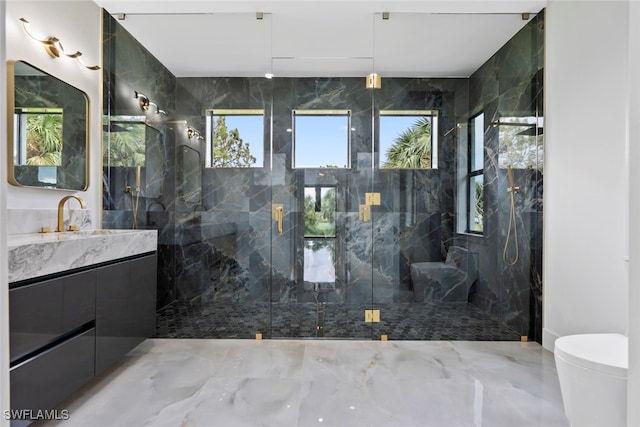 bathroom featuring walk in shower, vanity, and toilet