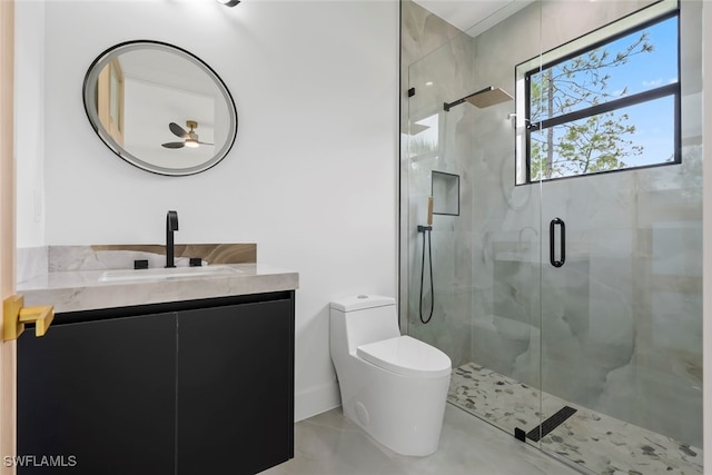 bathroom with ceiling fan, walk in shower, vanity, and toilet