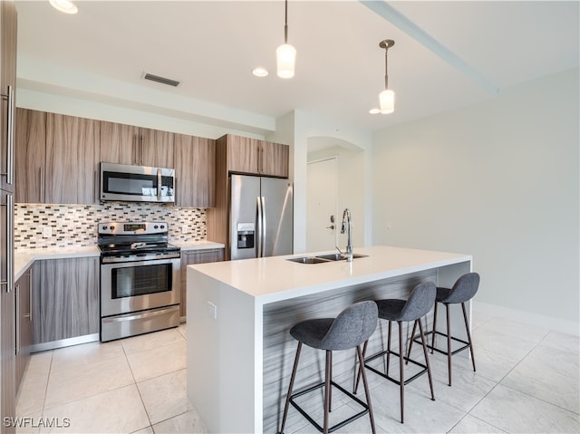 kitchen with appliances with stainless steel finishes, decorative backsplash, pendant lighting, a center island with sink, and sink