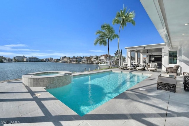 view of pool with an in ground hot tub, a water view, a patio, ceiling fan, and an outdoor living space