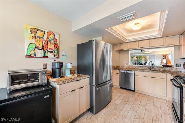kitchen with appliances with stainless steel finishes, a sink, a raised ceiling, light wood-style flooring, and cream cabinetry