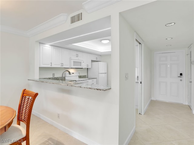 kitchen featuring white cabinetry, white appliances, crown molding, and visible vents