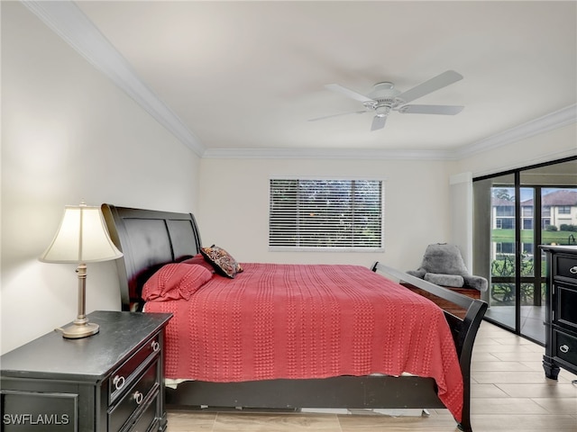 bedroom with light wood finished floors, access to exterior, a ceiling fan, and ornamental molding