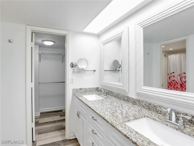 full bathroom with a spacious closet, double vanity, wood finished floors, and a sink