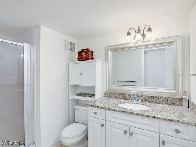 full bath with visible vents, toilet, a stall shower, and vanity