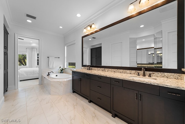 bathroom featuring a relaxing tiled tub, vanity, and crown molding