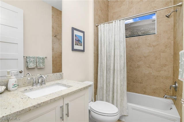 full bathroom with vanity, toilet, and shower / bath combination with curtain