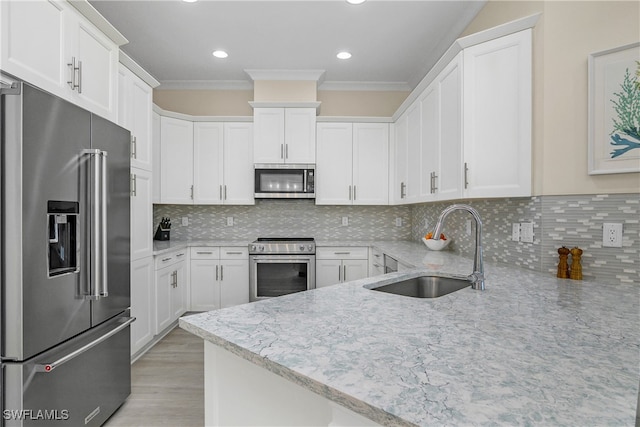 kitchen featuring backsplash, white cabinetry, sink, and stainless steel appliances