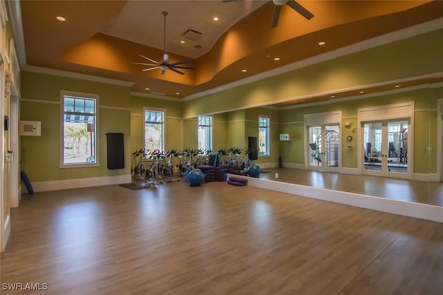 exercise room featuring ceiling fan, hardwood / wood-style flooring, a tray ceiling, and a towering ceiling