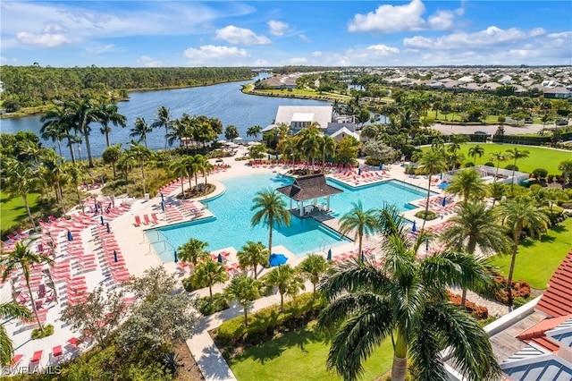 aerial view featuring a water view