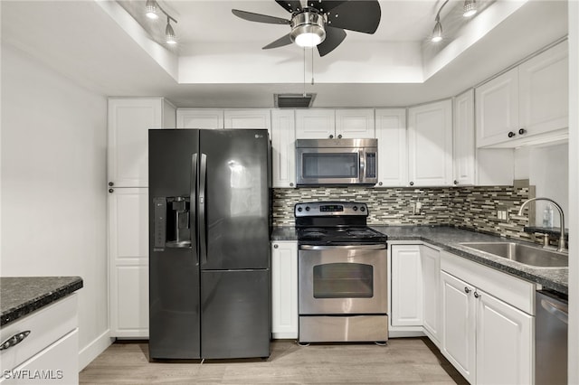 kitchen with a tray ceiling, sink, white cabinetry, appliances with stainless steel finishes, and ceiling fan