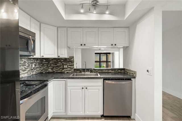 kitchen with appliances with stainless steel finishes, a tray ceiling, sink, and white cabinets