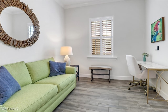 home office with light hardwood / wood-style flooring and ornamental molding