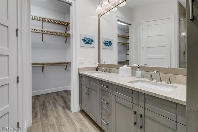 bathroom featuring a shower with door, hardwood / wood-style flooring, and vanity