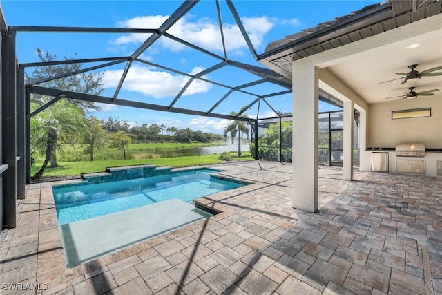 view of pool with a lanai, a grill, a patio, area for grilling, and ceiling fan