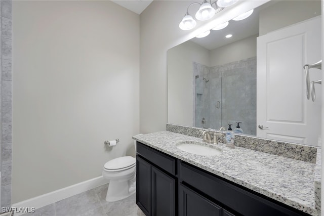 bathroom with tile patterned flooring, a shower with shower door, vanity, and toilet