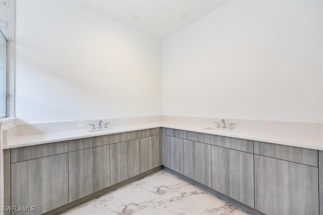 bathroom featuring vaulted ceiling