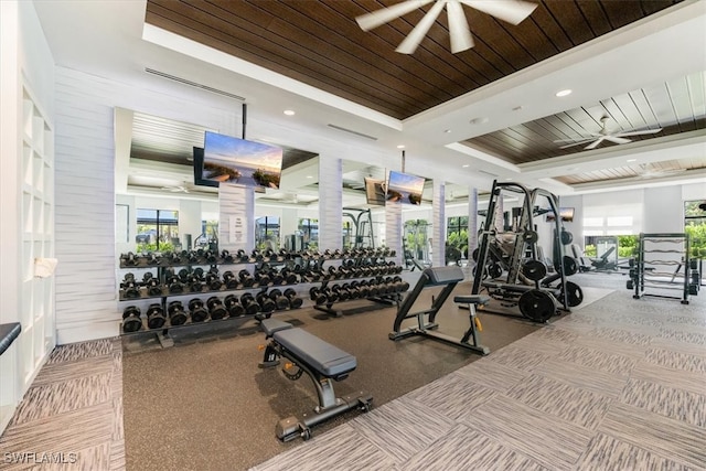 exercise room featuring wooden ceiling and a tray ceiling